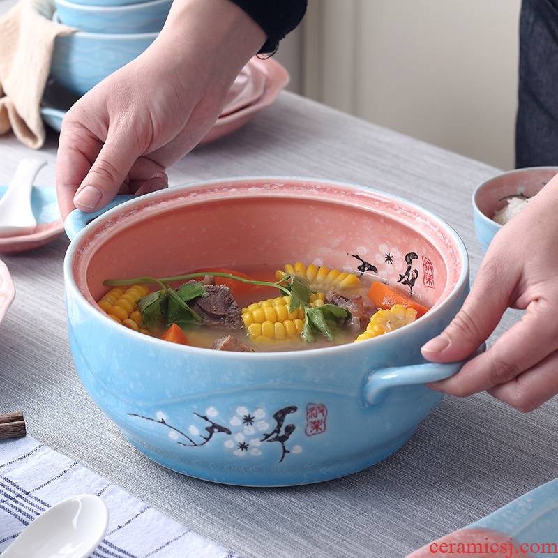 Jingdezhen ceramic ipads China household ears large soup pot boil soup bowl with cover soup basin Japanese - style tableware ideas