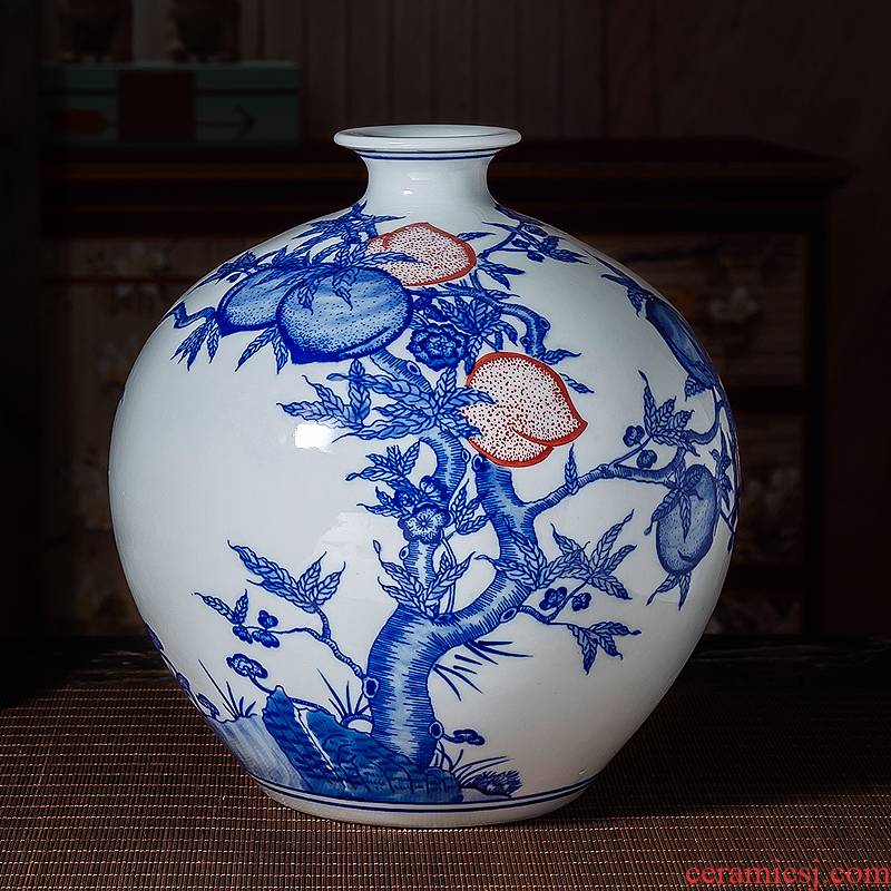 Jingdezhen ceramic floret bottle arranging flowers sitting room of Chinese style restoring ancient ways antique blue - and - white youligong nine peach ornament furnishing articles
