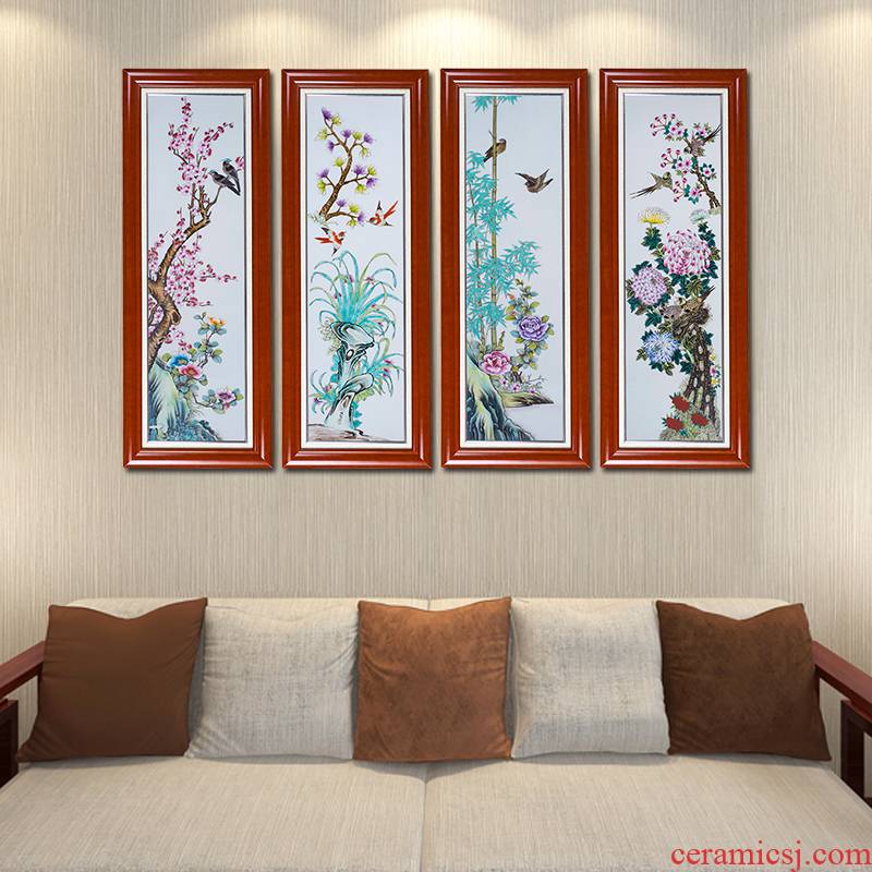 Jingdezhen ceramic hand - made by patterns porcelain plate painting Chinese wind sitting room adornment study four screens that hang a picture