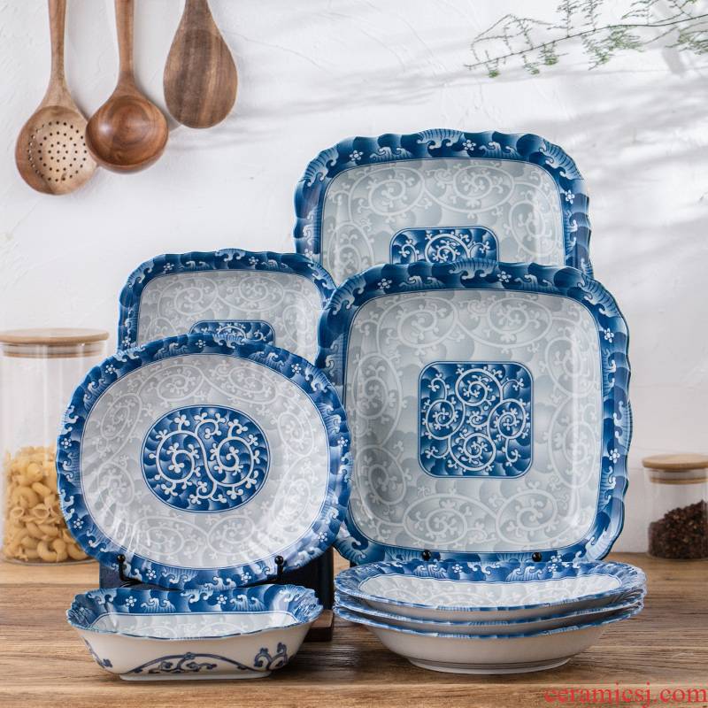 Imitation Ming blue and white porcelain plate tableware portfolio restoring ancient ways fish dish with rectangular dish, ceramic square plate for breakfast