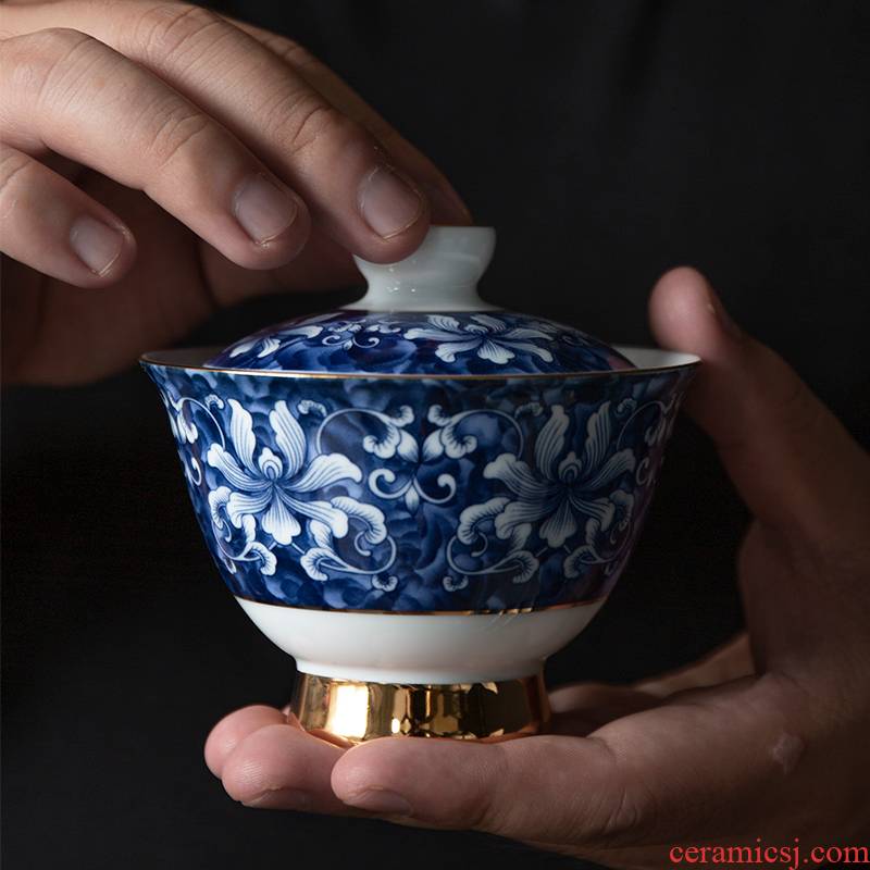 Household see colour blue and white porcelain tea tureen Japanese ceramic kung fu tea set two woolly to bowl