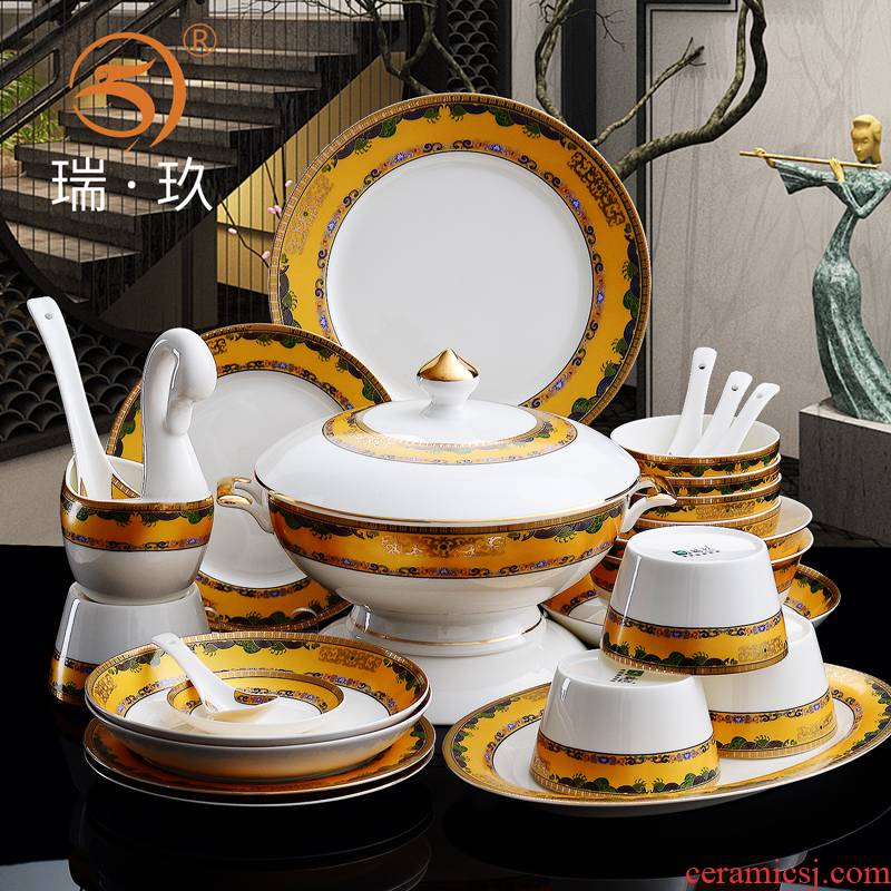Tangshan 60 skull porcelain tableware suit Chinese dishes household gifts creative up phnom penh dish bowl chopsticks suit