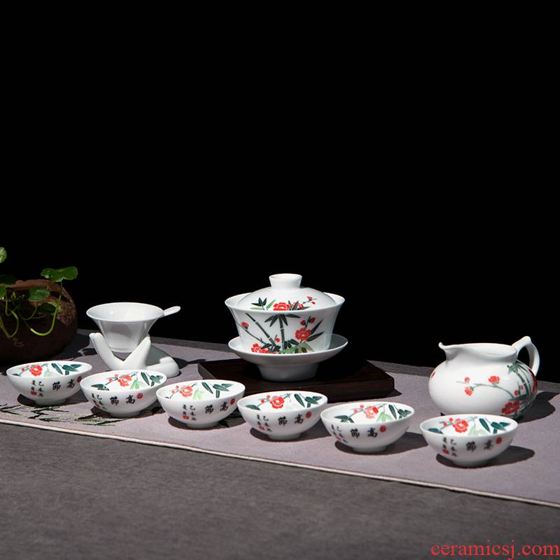Next thousand red up with glaze color kung fu tea set home six small set of simple ceramic hand - made the name plum and the bamboo tureen tea cups