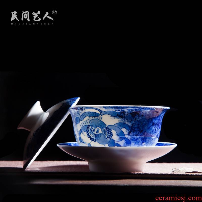 Jingdezhen tureen ceramic cups kung fu tea set of blue and white porcelain thin body three bowl of white porcelain tea bowl to tea cups