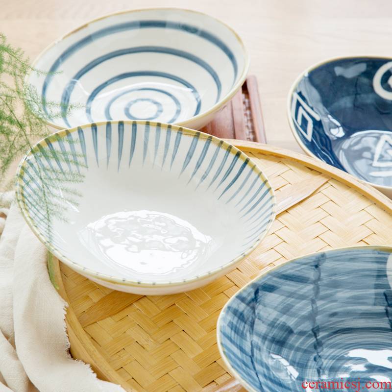 Japanese household fruit salad bowl noodles bowl ceramic tableware shallow dish bowl creative hand - made water bowl of blue and white
