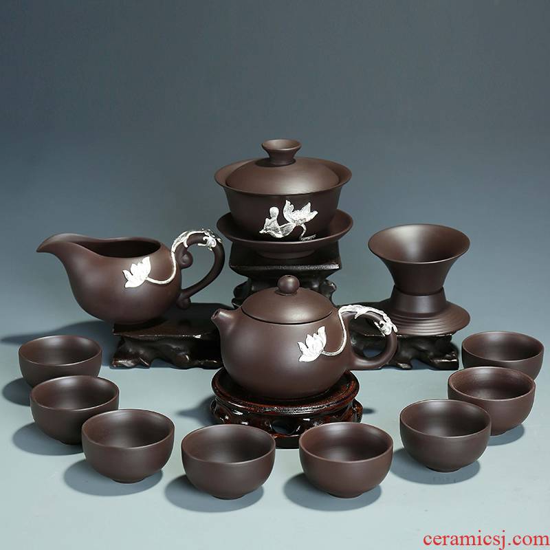 Tasted silver gilding purple sand tea set household ceramic kung fu tea sets the teapot teacup of a complete set of combination