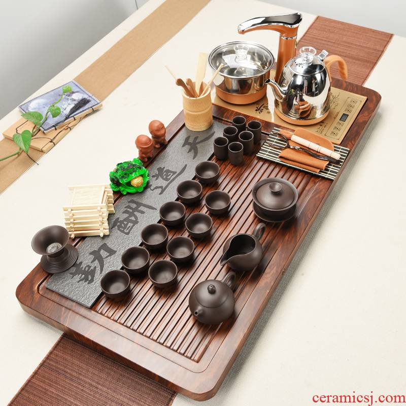 ZongTang tea set suit household contracted and I tea four one solid wood tea tray tea purple sand pottery and porcelain tea set