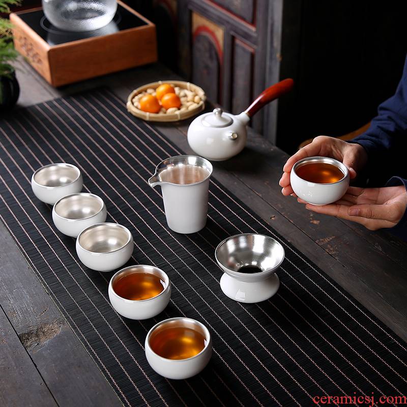 Dehua white porcelain tasted silver tea set household whole silver gilding kung fu tea cups suet jade teapot fair keller
