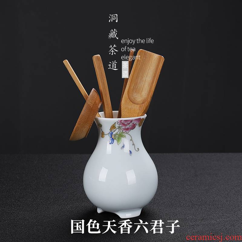 In building shadow oolong tea way 6 gentleman white porcelain tea sets accessories bamboo ChaGa tea spoon, ceramic tea tin