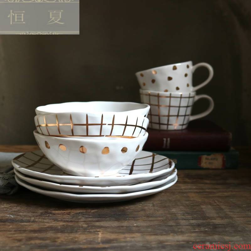 W1962 exports a matte enrolled porcelain hand knead irregular starlight series golden wave point grid bowl/plate of glass