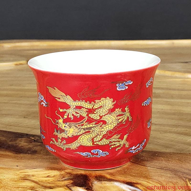 Red golden dragon household ceramic tea cups white porcelain lamp that kung fu master single CPU built light tea bowl sample tea cup cup