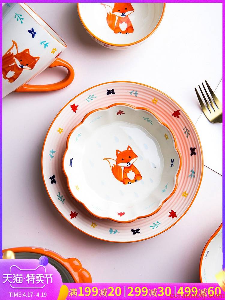 Pongsapat lovely fox ceramic bowl dish tableware bowl dish dish soup bowl rainbow such as bowl hand - made ceramic tableware suit children