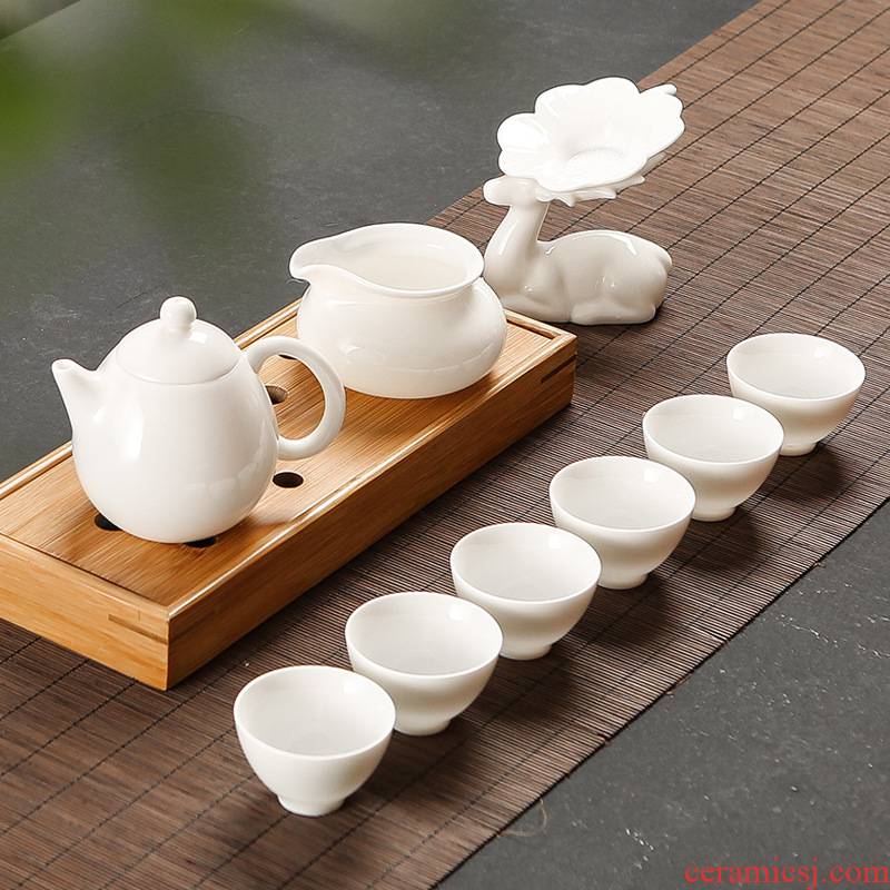 Suet jade porcelain kung fu tea set a complete set of white porcelain tea tea tureen teapot teacup household ceramics