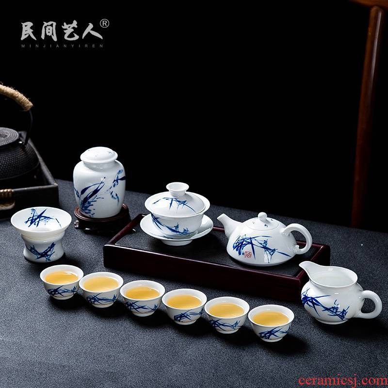 Jingdezhen hand - made kung fu tea set household of Chinese style of blue and white porcelain ceramic cup lid bowl gift boxes