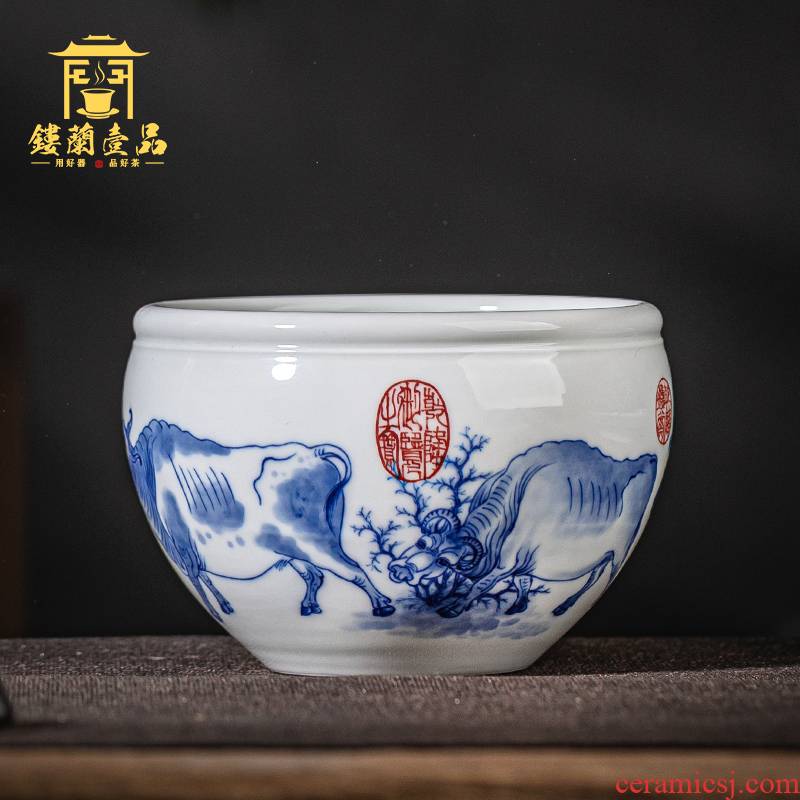 Jingdezhen ceramic pure hand - made five NiuTu large blue and white tea to wash tea accessories for wash bowl with writing brush washer water jar