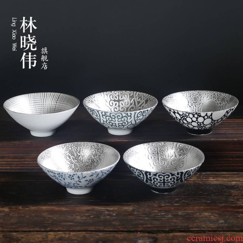 999 sterling silver, kung fu tea tasted silver gilding of blue and white porcelain ceramic cup sample tea cup master cup single cup light bowl
