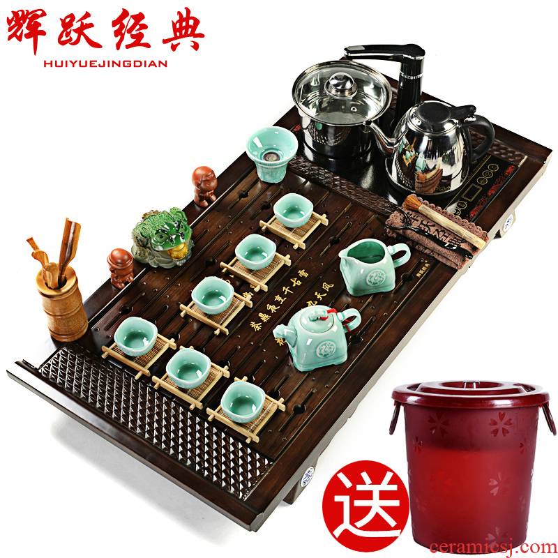 Hui make purple sand tea set kung fu tea set a complete set of four unity induction cooker solid wood tea tray