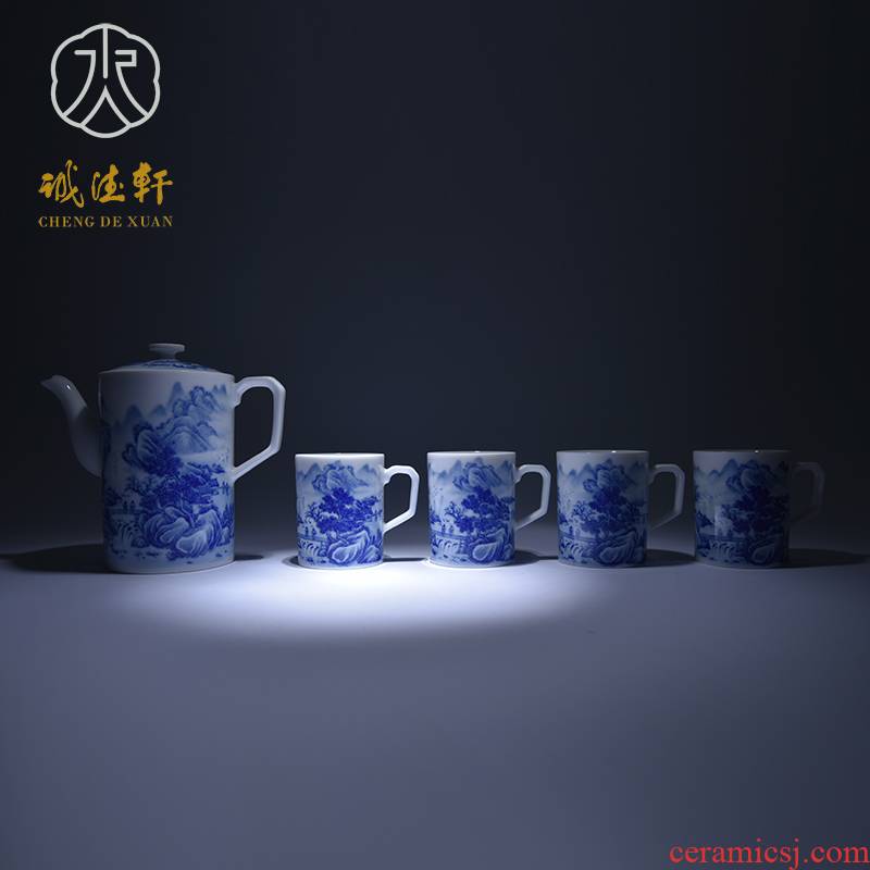 Cheng DE xuan jingdezhen blue and white, high - grade hand - made fine ceramic tea set 5 head blue high pot lingyun thorn