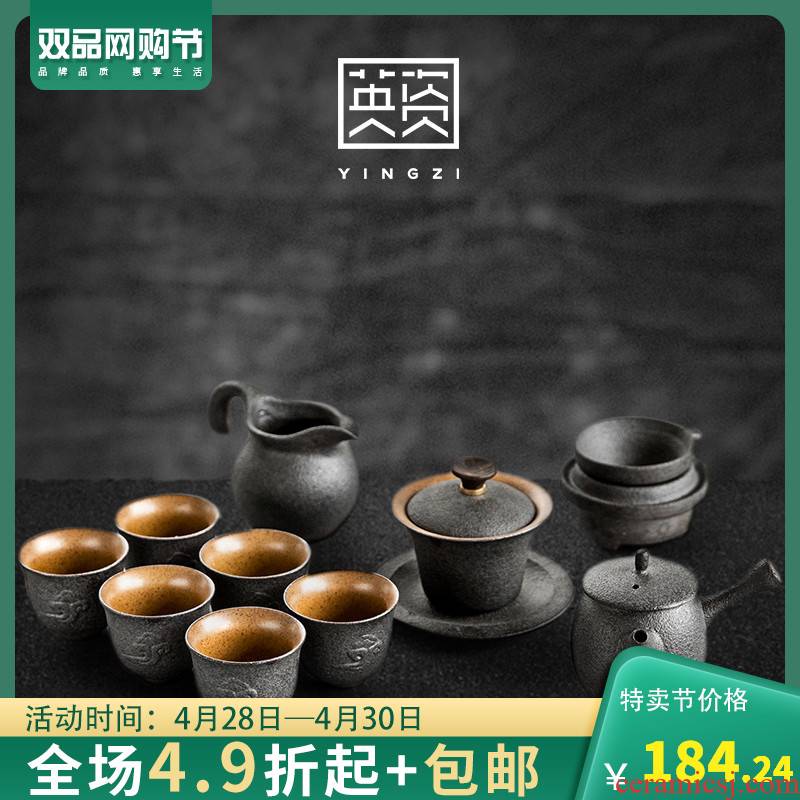 Yellow sand coarse ceramic tea set office of a complete set of household ceramics creative kung fu tea tea lid bowl of tea