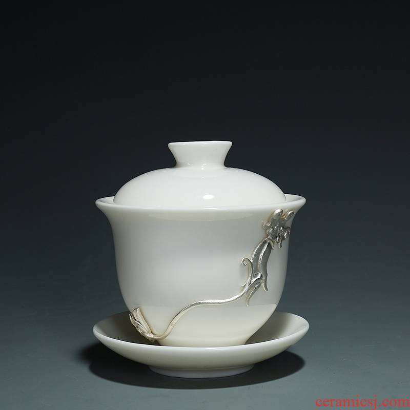 Jade porcelain craft coppering. As ceramic three silver to make tea tureen large kung fu tea cups white porcelain tea bowl