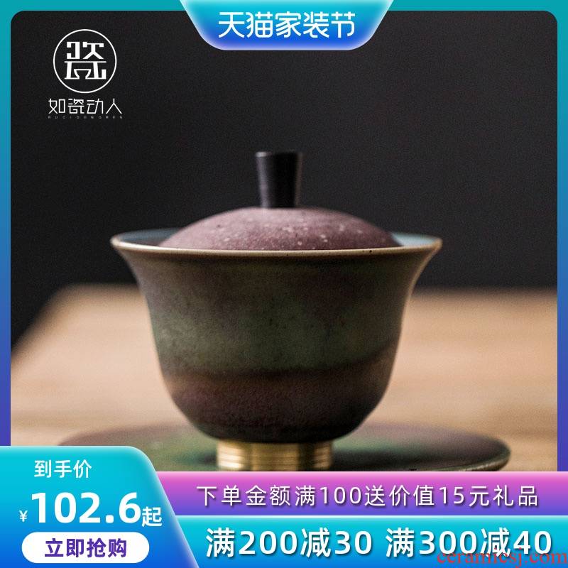 Ceramic tureen coarse TaoHuan colored glaze three only tureen kung fu tea cups hand grasp bowl of tea by hand to the bowl