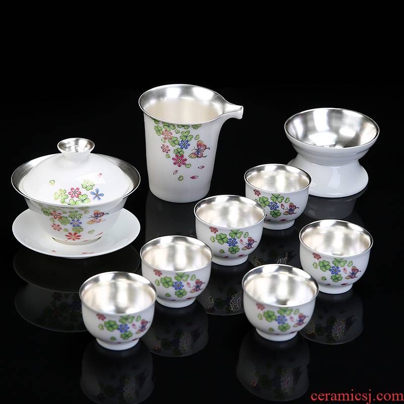 Dehua white porcelain coppering. As silver tea set suet jade porcelain kung fu tea tea, teapot teacup whole household