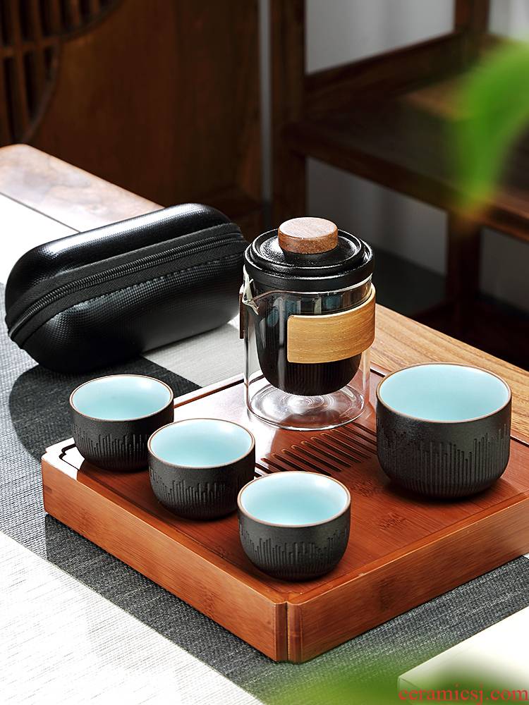 Travel tea set four cups a pot of small portable bag type set of Japanese ceramic crack cup is suing the custom Logo