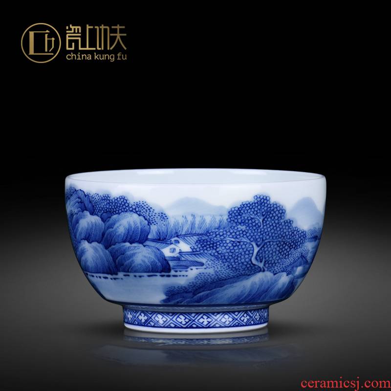 Jingdezhen blue and white landscape sample tea cup full manual pure hand - made master cup noggin kung fu tea set single cup gift giving