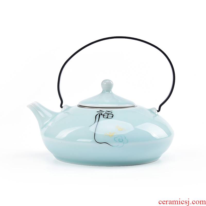 Jun ware celadon big pot pot of stainless steel filter tea zen girder iron handle ceramic teapot