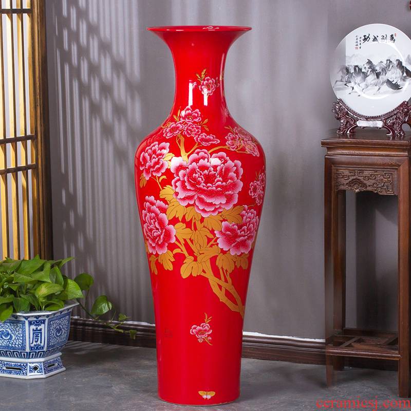 Jingdezhen ceramics Chinese red peony ground 1.2 meters large vase home sitting room adornment is placed yellow and blue