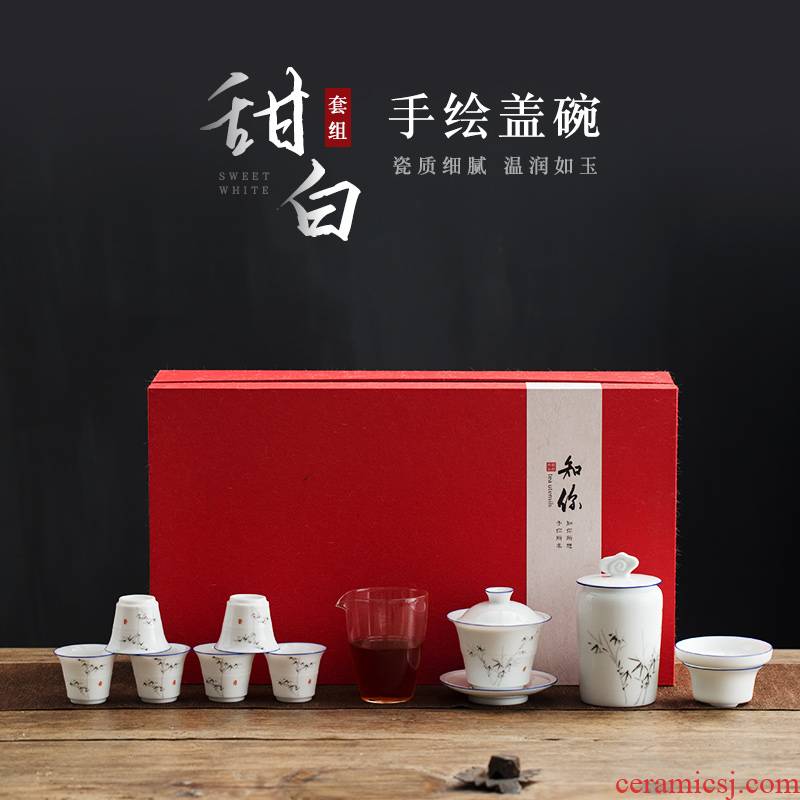 Earth story hand - made sweet white ceramic household kung fu tea tea set a complete set of three tureen tea cups gift box