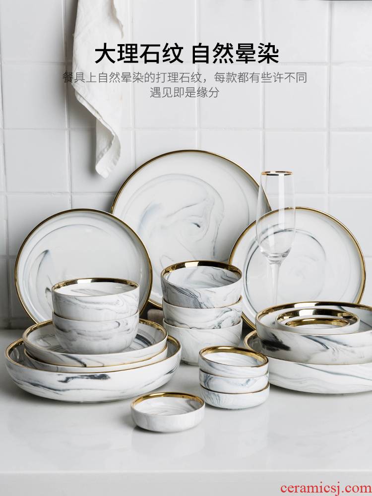 Modern European style up phnom penh housewife marble ceramic tableware dishes suit household set bowl dish gift boxes