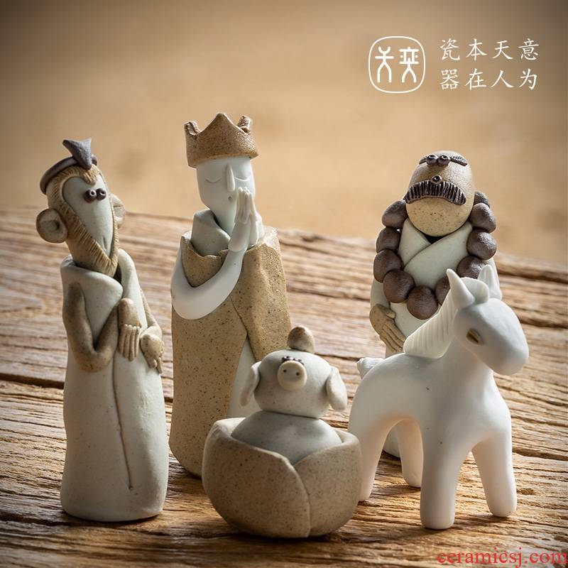 "Journey to the west" of the four ceramic small place of a complete set of express the characters play creative hand - made tea to tea pet