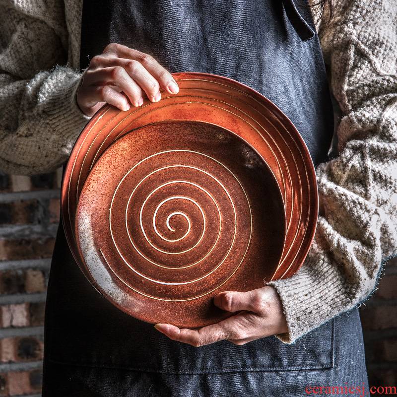 Creative and wind round dish dish dish FanPan tableware market dab of reducing flame vintage Japanese ceramics okra