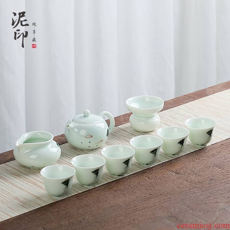 Mud seal kung fu tea set suit household contracted Japanese green lotus glaze ceramic teapot hand - made teacup gift boxes