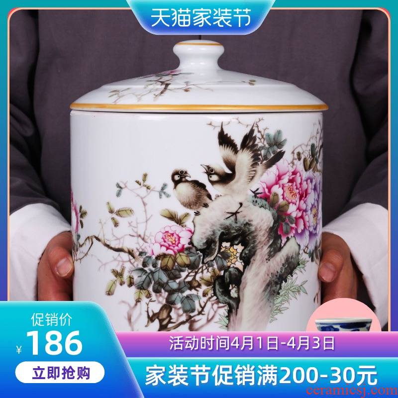 Jingdezhen ceramic hand - made blooming flowers caddy fixings large household seal storage tank tea urn porcelain jar