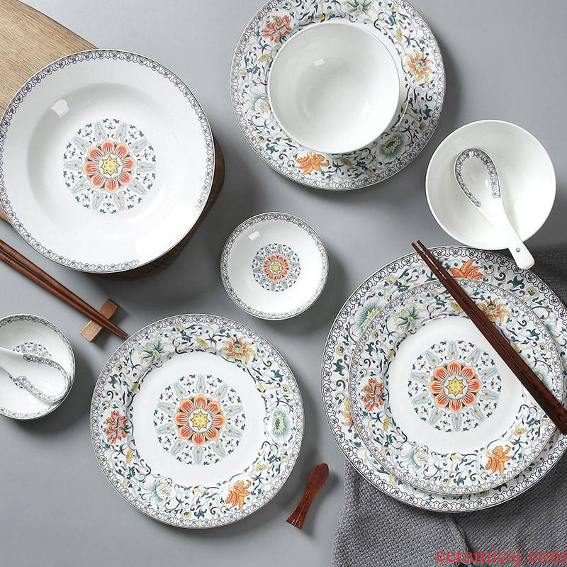 Jingdezhen famille rose bowl dishes suit household glair of new Chinese style ipads porcelain tableware suit new splendid