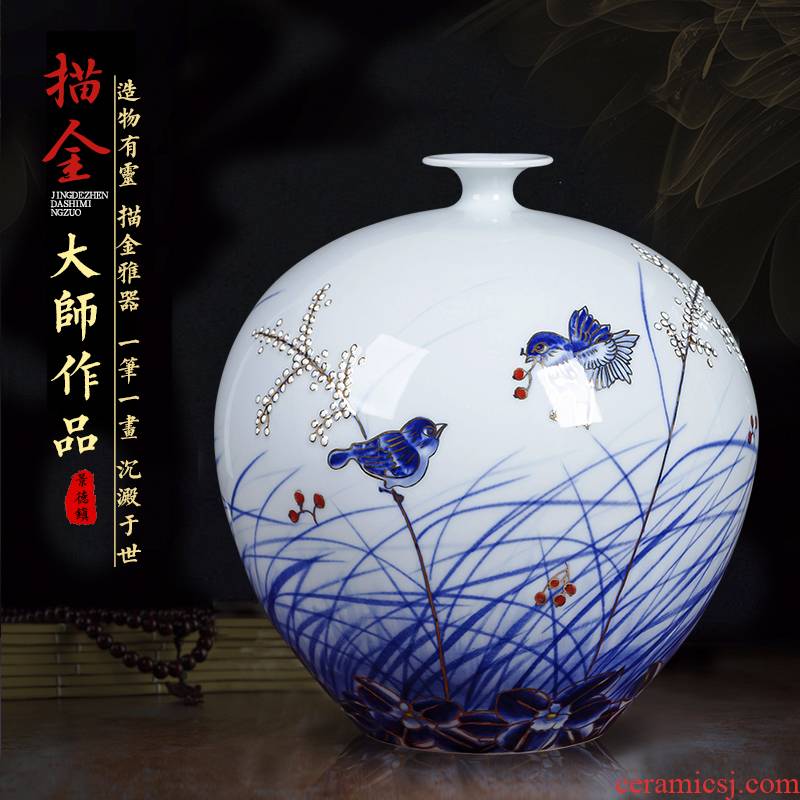Jingdezhen ceramics hand - made the see colour blue and white porcelain vase pomegranate bottle of new Chinese style living room porch rich ancient frame furnishing articles