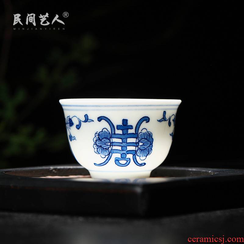 Jingdezhen sample tea cup kung fu tea set blue and white hand - made ceramic cups checking master cup single cup tea cups