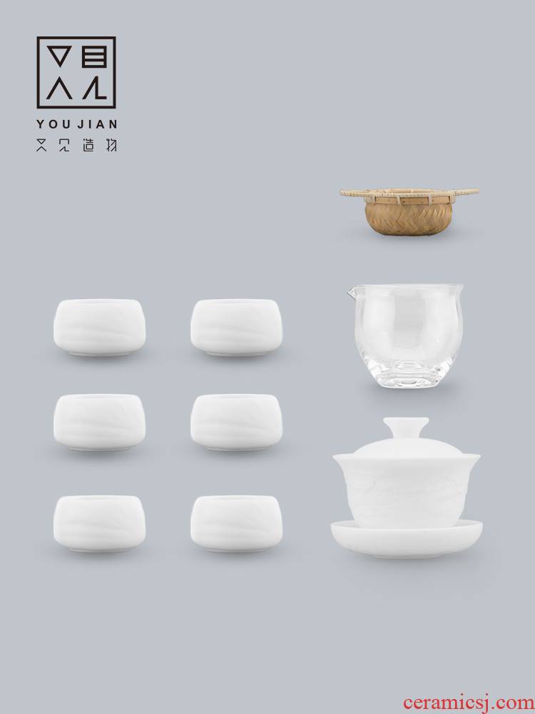 And creation of dehua white porcelain tea set household contracted kung fu tea sets tea tea tureen tea cups