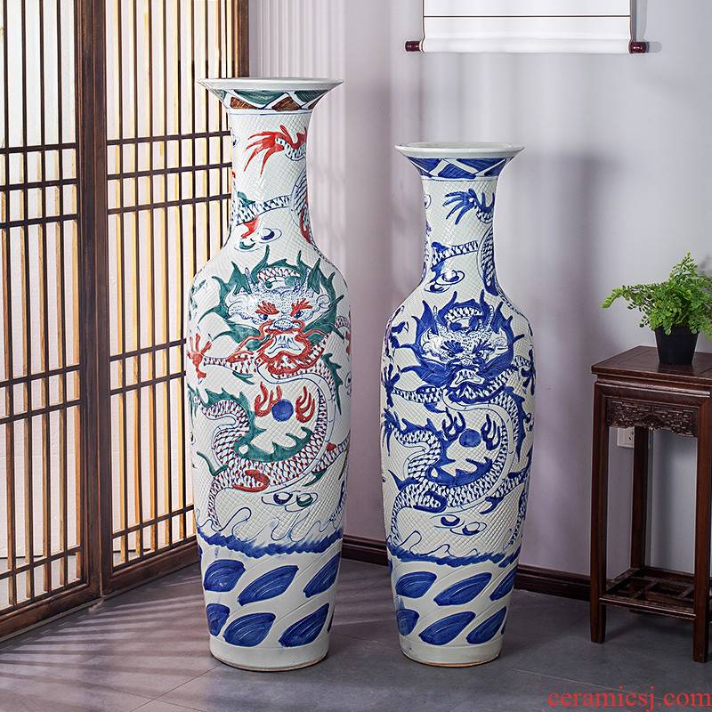 Jingdezhen ceramics antique blue and white dragon carving of large vase household hotel adornment furnishing articles
