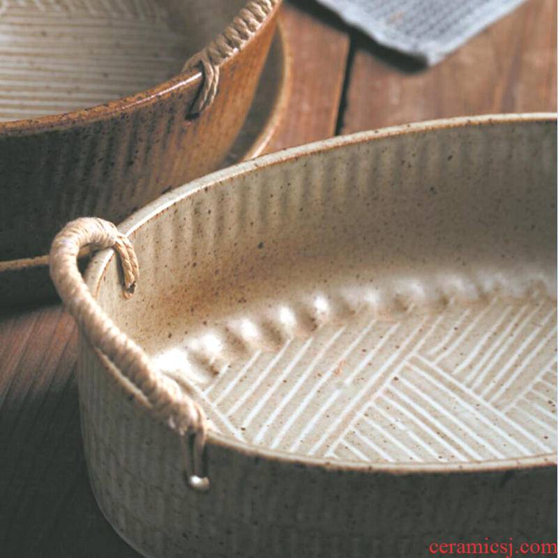 Japanese style restoring ancient ways of coarse pottery hemp rope deep dish fruit bowl artificial oval fruit plate ceramic tableware soup basin portable fish plate