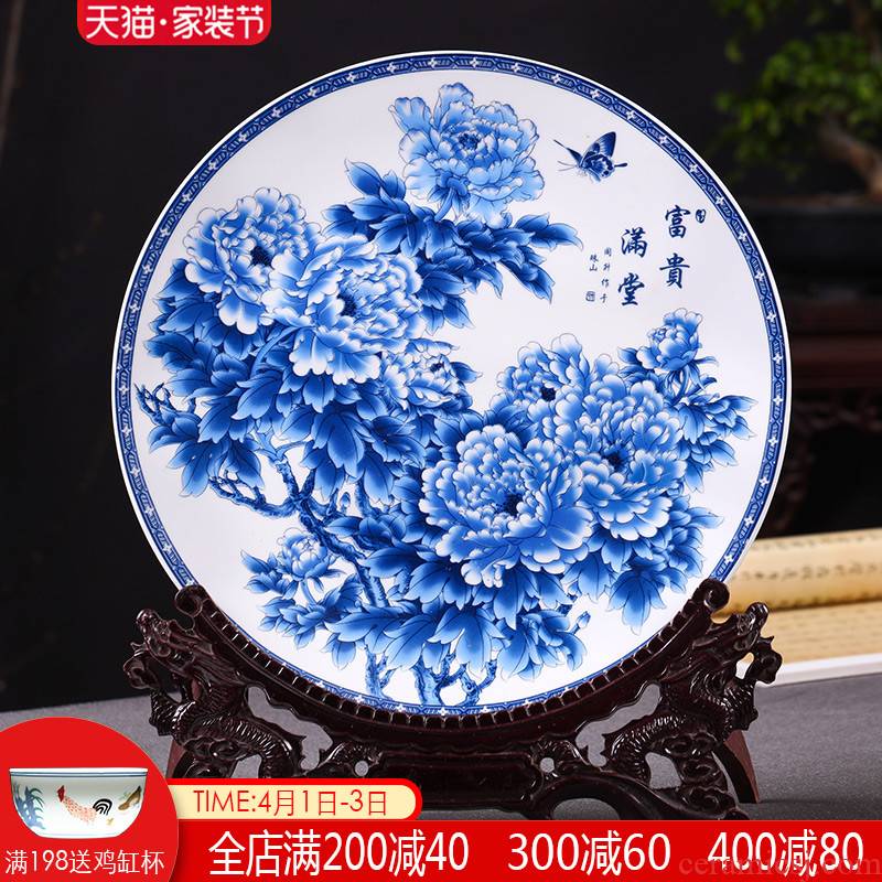 Jingdezhen blue and white hang dish adornment art ceramics plate modern Chinese wine sitting room adornment is placed