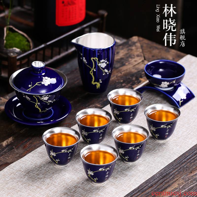 Jingdezhen coppering. As silver tea set office ceramic silver tea set a complete set of kung fu tea cup teapot household