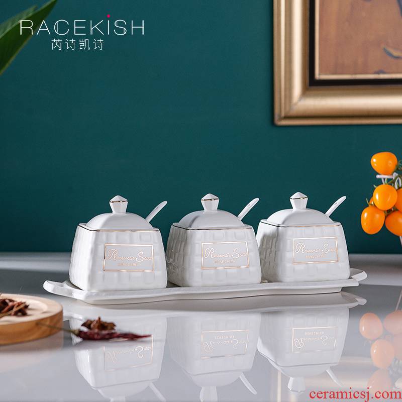 European creative ipads porcelain square 4 times flavor pot kitchen condiment box of salt seasoning jar of caster