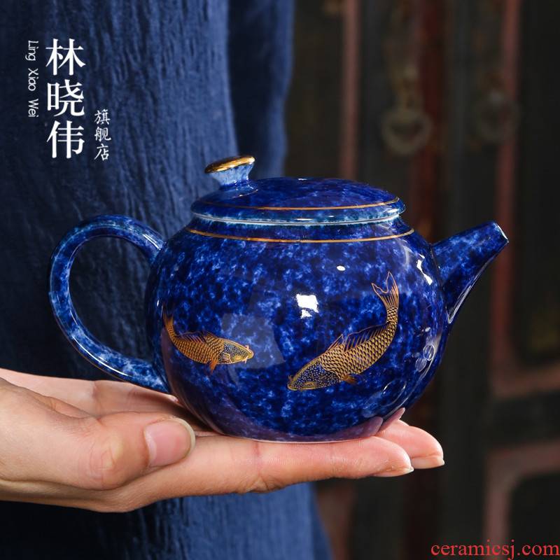 Ji see colour year after year have fish jingdezhen blue hand draw little teapot checking ceramic household kung fu tea kettle