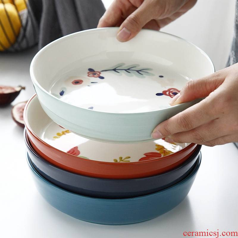 Japanese hand - made creative web celebrity home large ceramic dish dish plate western soup plate round deep dish dish