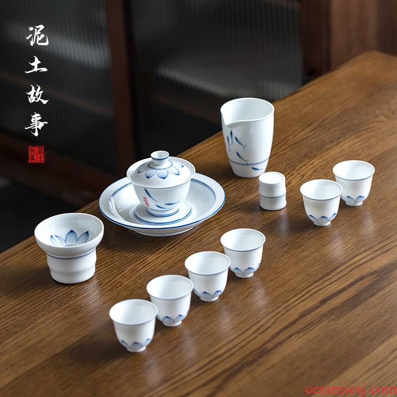 Jingdezhen hand - made fish play tureen suit white porcelain cup bowl of kung fu tea service item of household groups of three