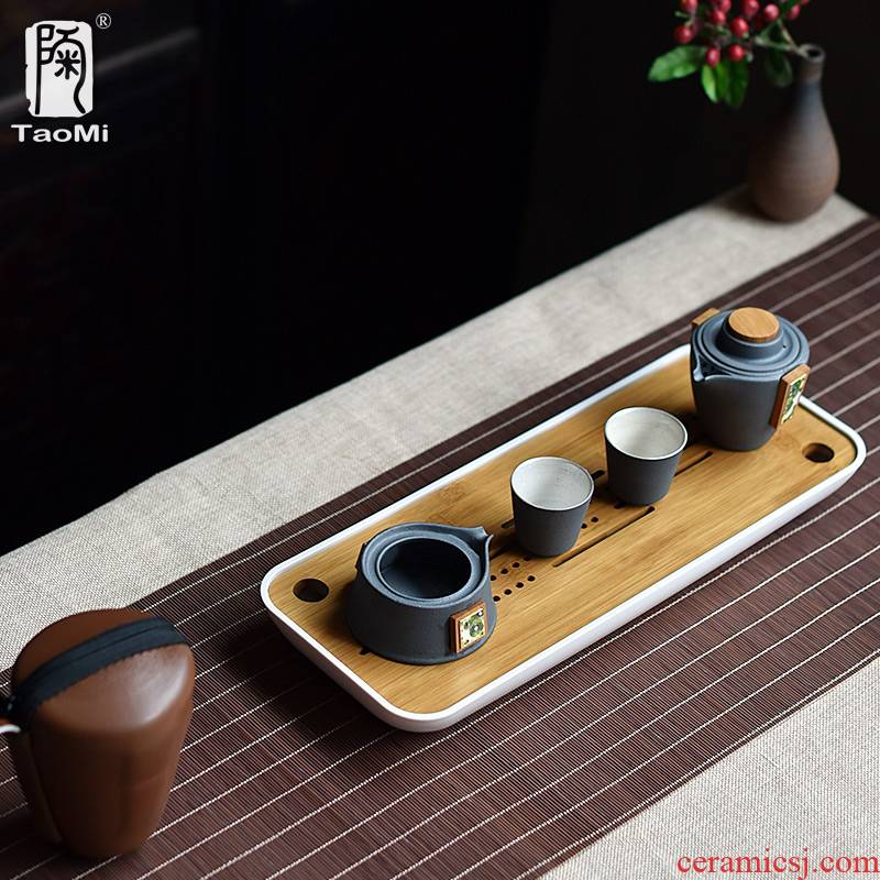 Poly real scene coarse pottery cup to crack a pot of two cups of portable package mini creative travel office ceramic kung fu tea set