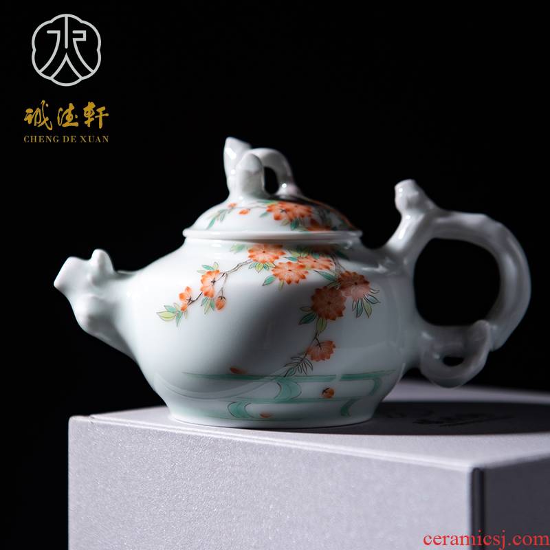 Cheng DE xuan high - grade fine hand - made kung fu tea set of jingdezhen ceramics powder enamel kettle 51 jade white flowers red